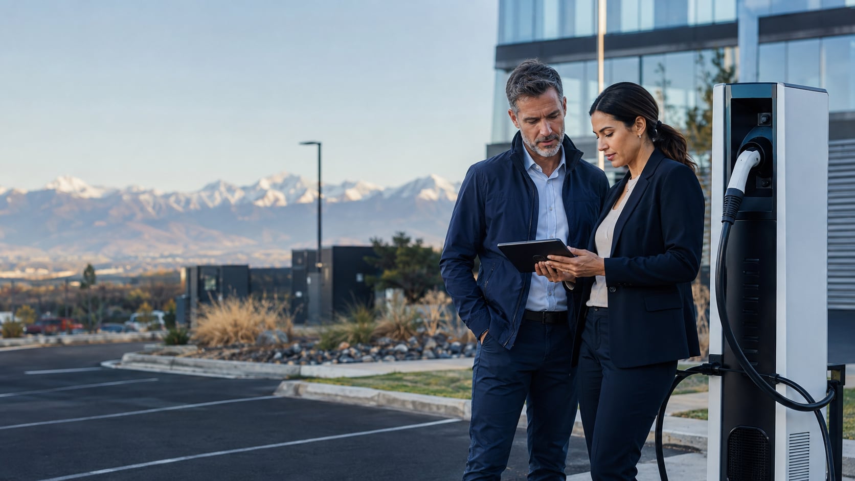 Technology advisors reviewing an EV charging solution in Colorado