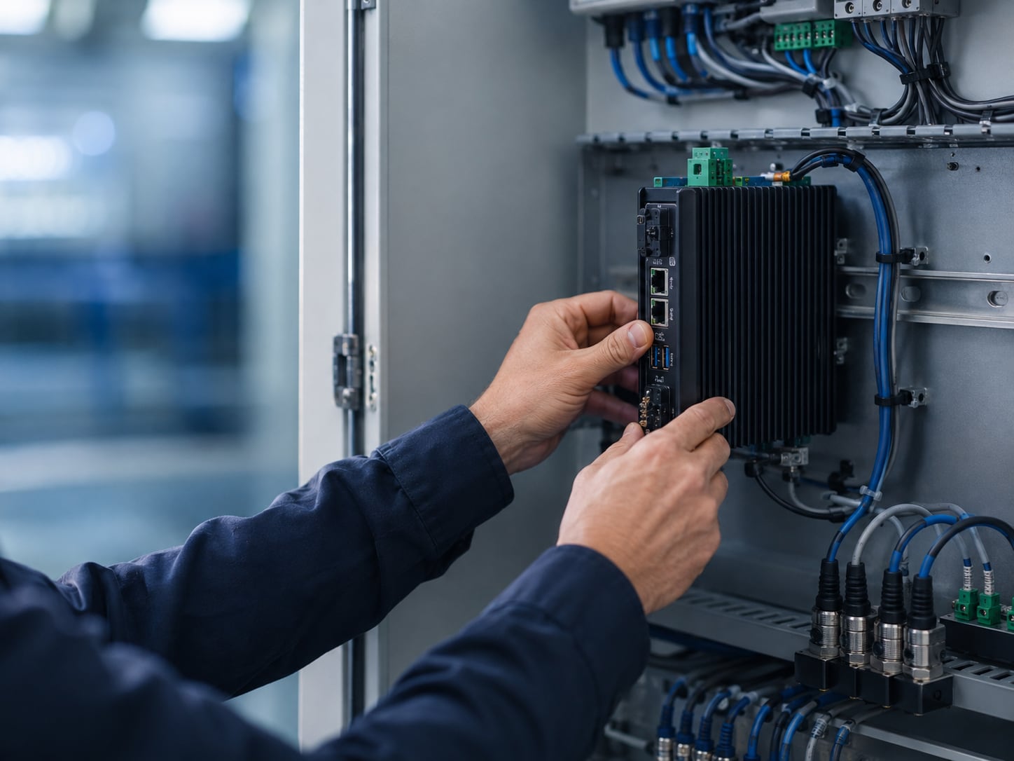Professional integrating an industrial IoT edge device